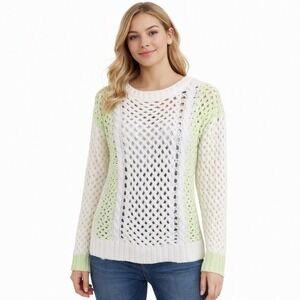 ENGLISH ROSE Size Large Winter White Green Open Cable Knit‎ Scoop Neck Sweater